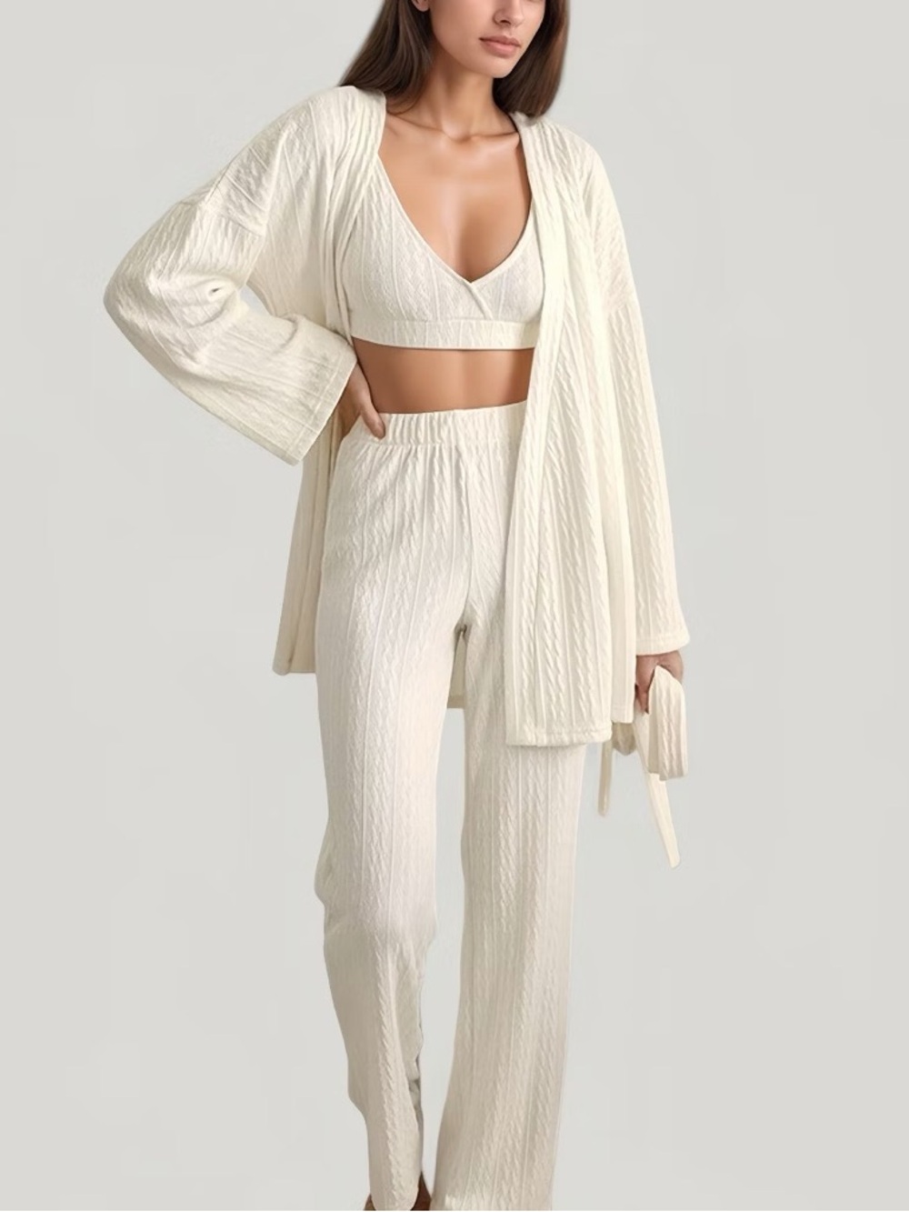 Anna-Kaci Lounge Women's Textured Woven Knit Robe - Light Beige - OS